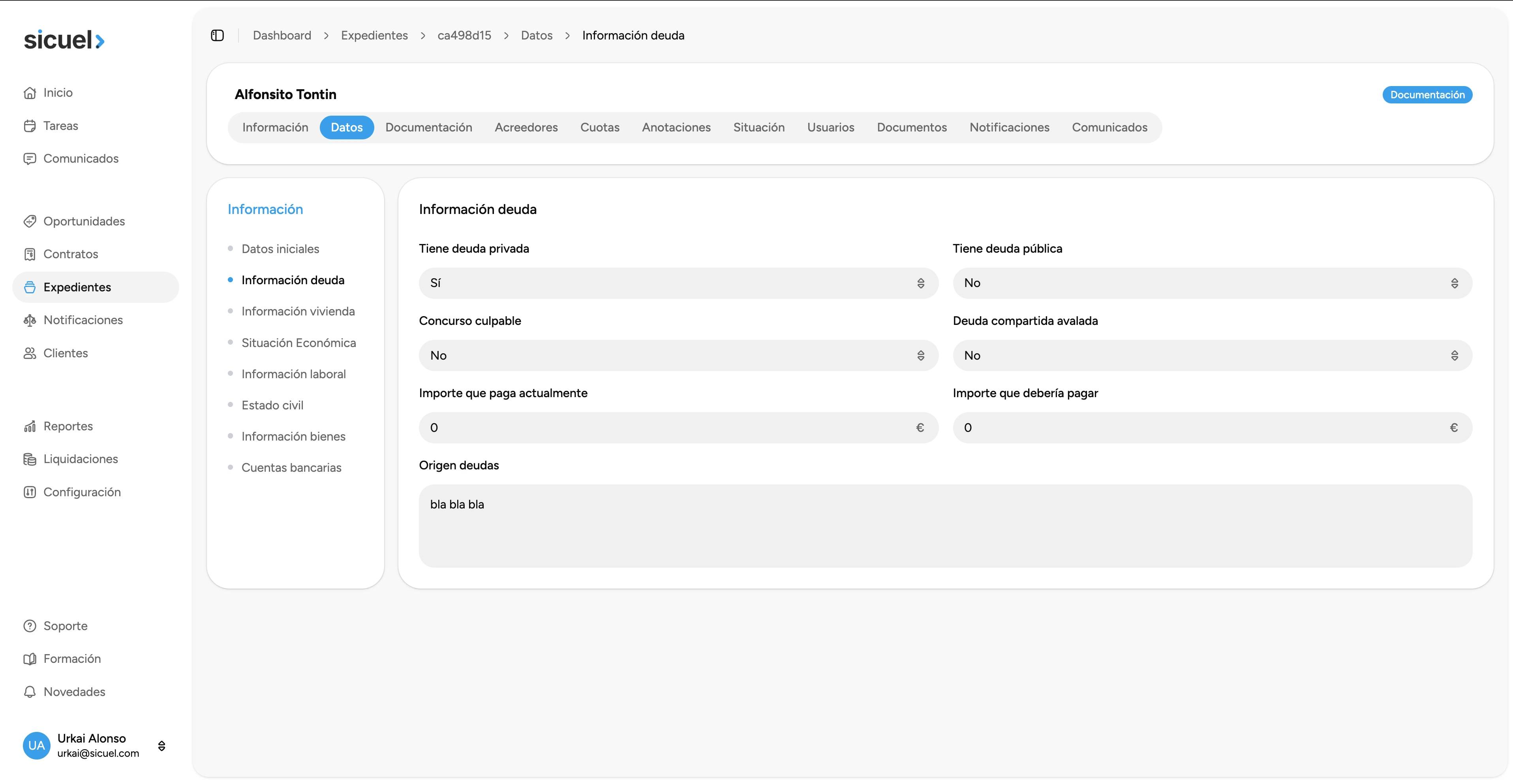 El expediente se crea al activar el contrato